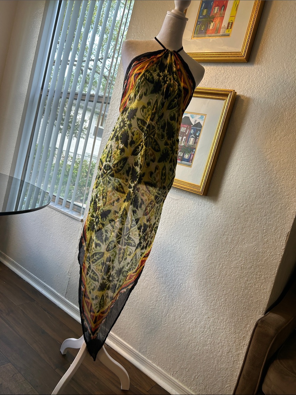 Elan 100% Silk Sheer Halter Scarf Long Front Coverup in Green and Black.